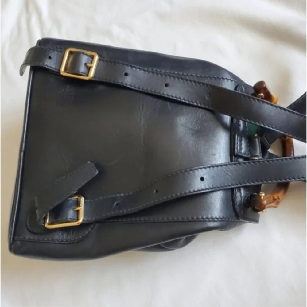 Authentic Vintage Gucci Bamboo Mini Backpack Black Leather Web Detail - Picture 10 of 15